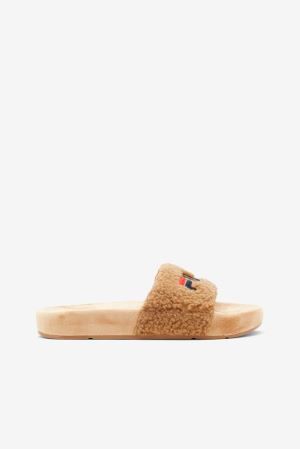 FILA Fuzzy Drifter Slides Beige / Navy / Red,Womens Shoes | CA.HZWSUF213